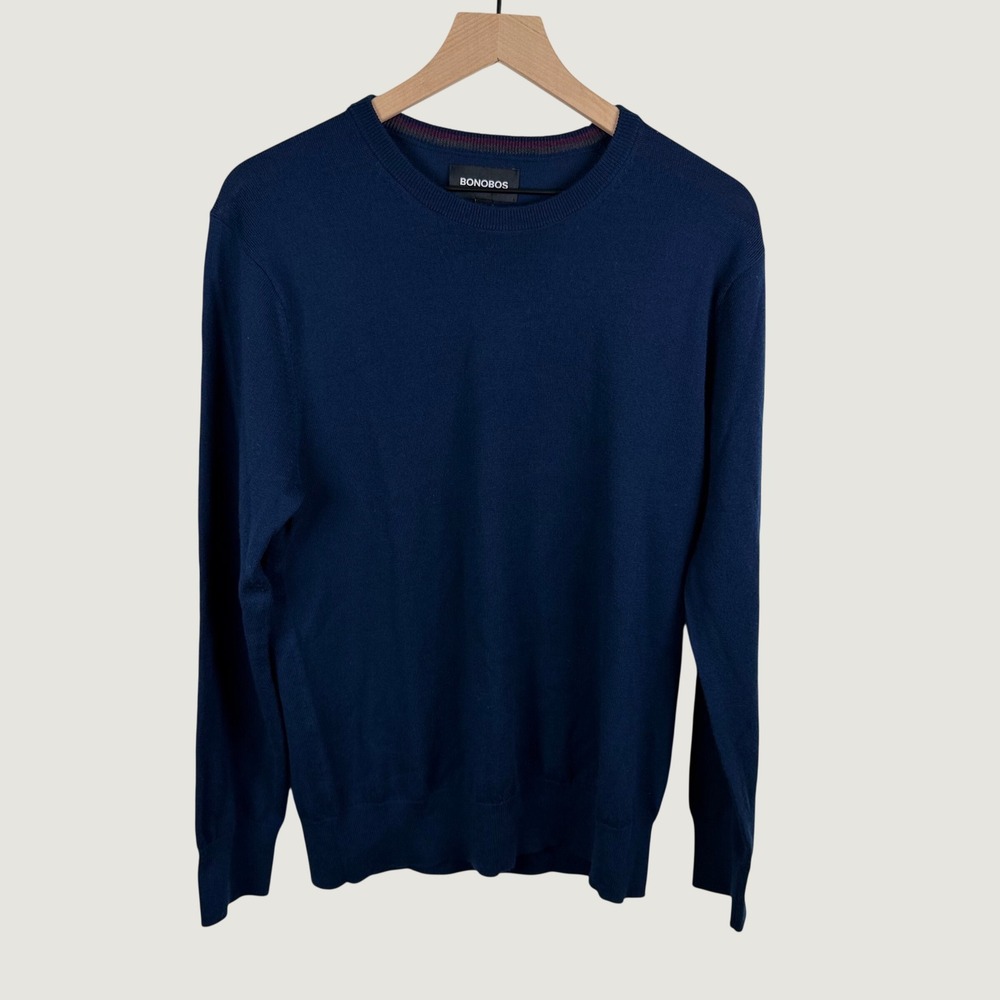 Bonobos Mens Large Slim Extra Fine Merino Wool Crewneck Sweater Navy Blue Preppy